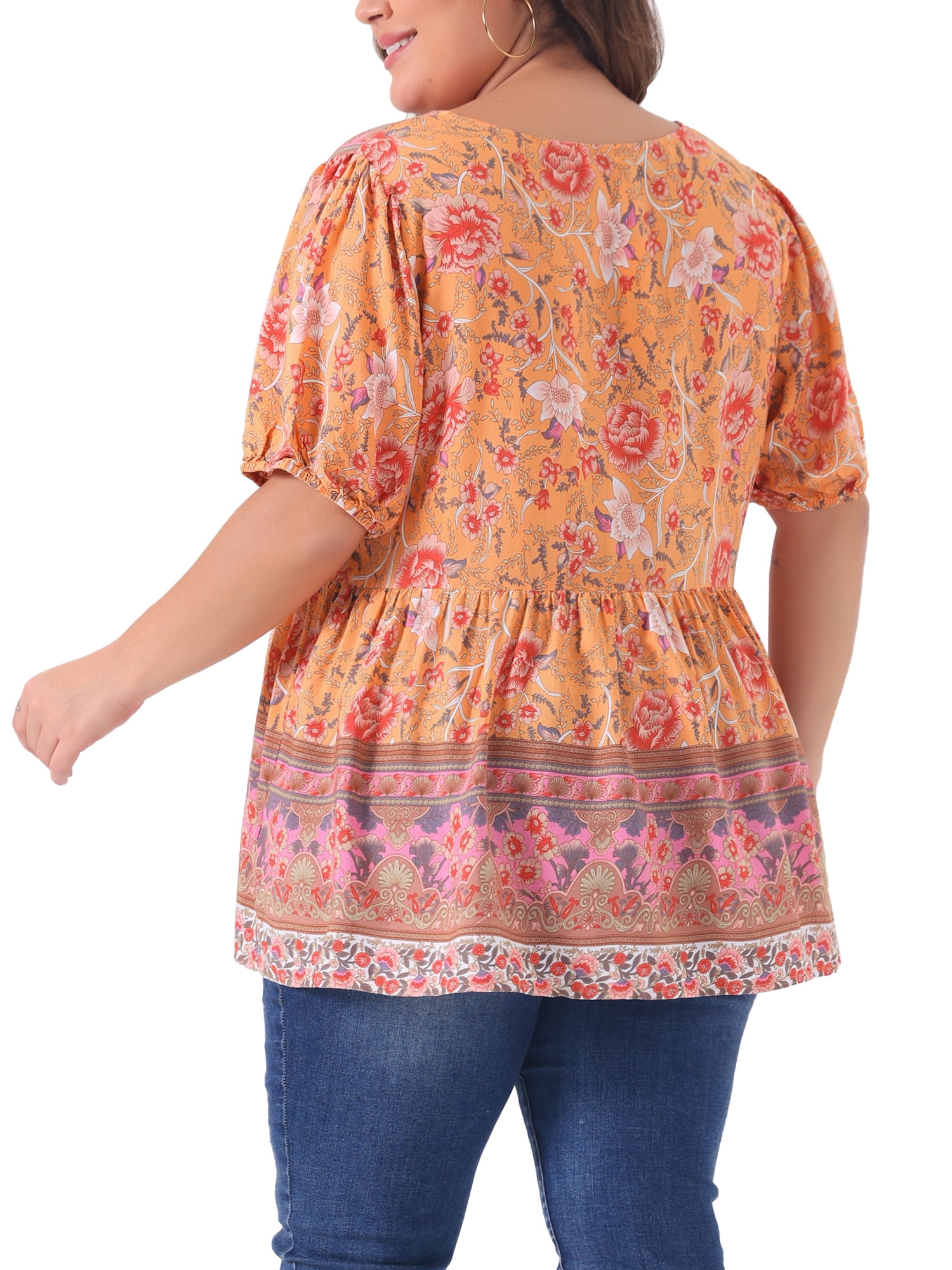 Women's Plus Boho Floral Print V Neck Short Sleeve Summer Blouses 1X Orange