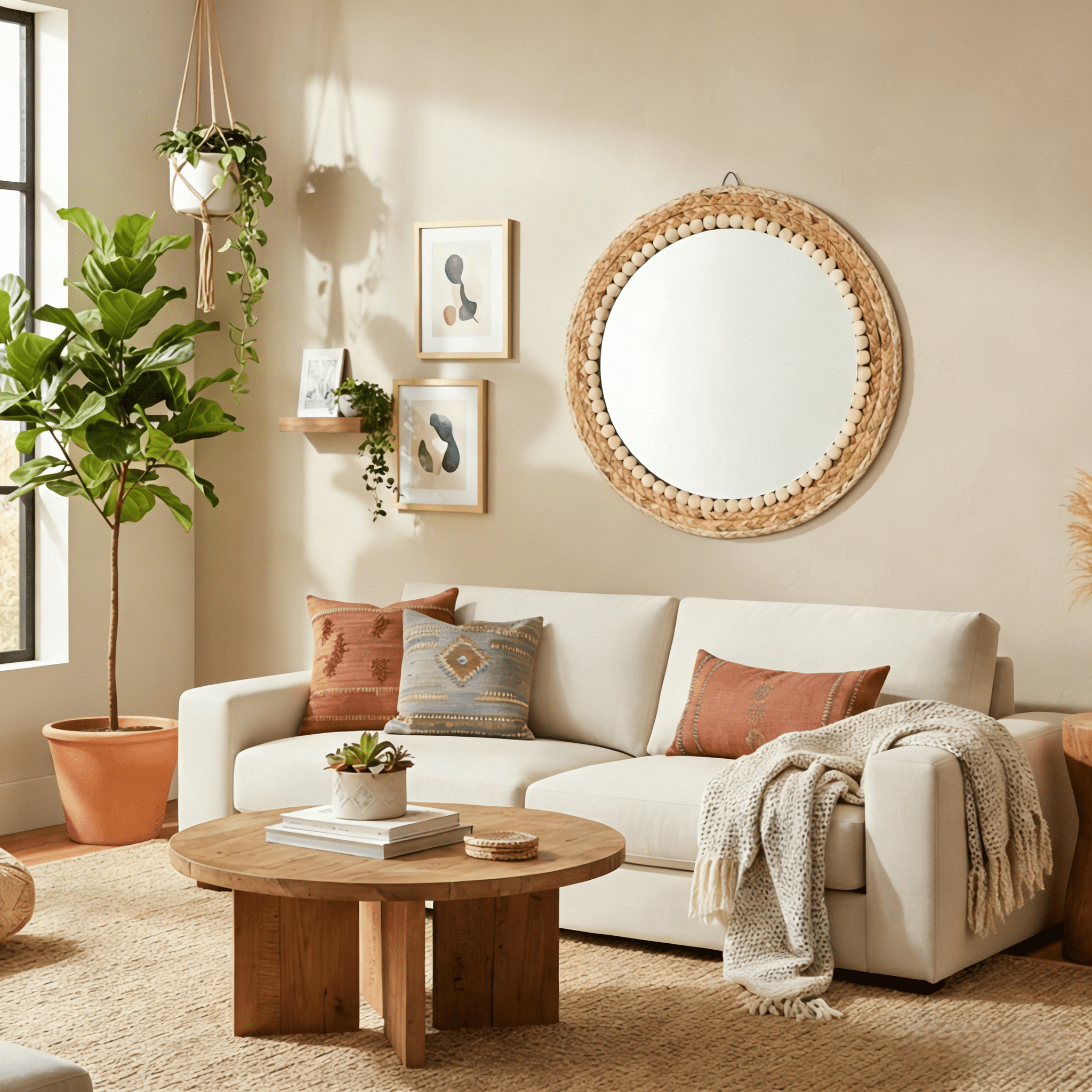 MEHOOM 17" Round Boho Wall Mirror, Rattan Hanging Mirror for Bedroom, Living Room, Farmhouse Decor