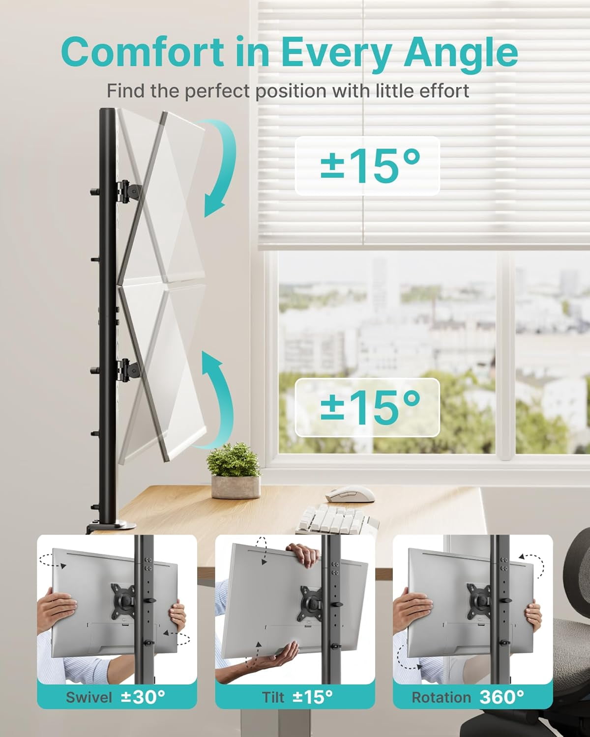 Vertical Dual Monitor Mount for 17–34 in Screens, Stacked Monitor Stand with 33.1 in Extra Tall Pole, Full Motion Height Adjustable Desk Mount, Holds up to 33 lb per Arm, 75/100 VESA, Clamp & Grommet