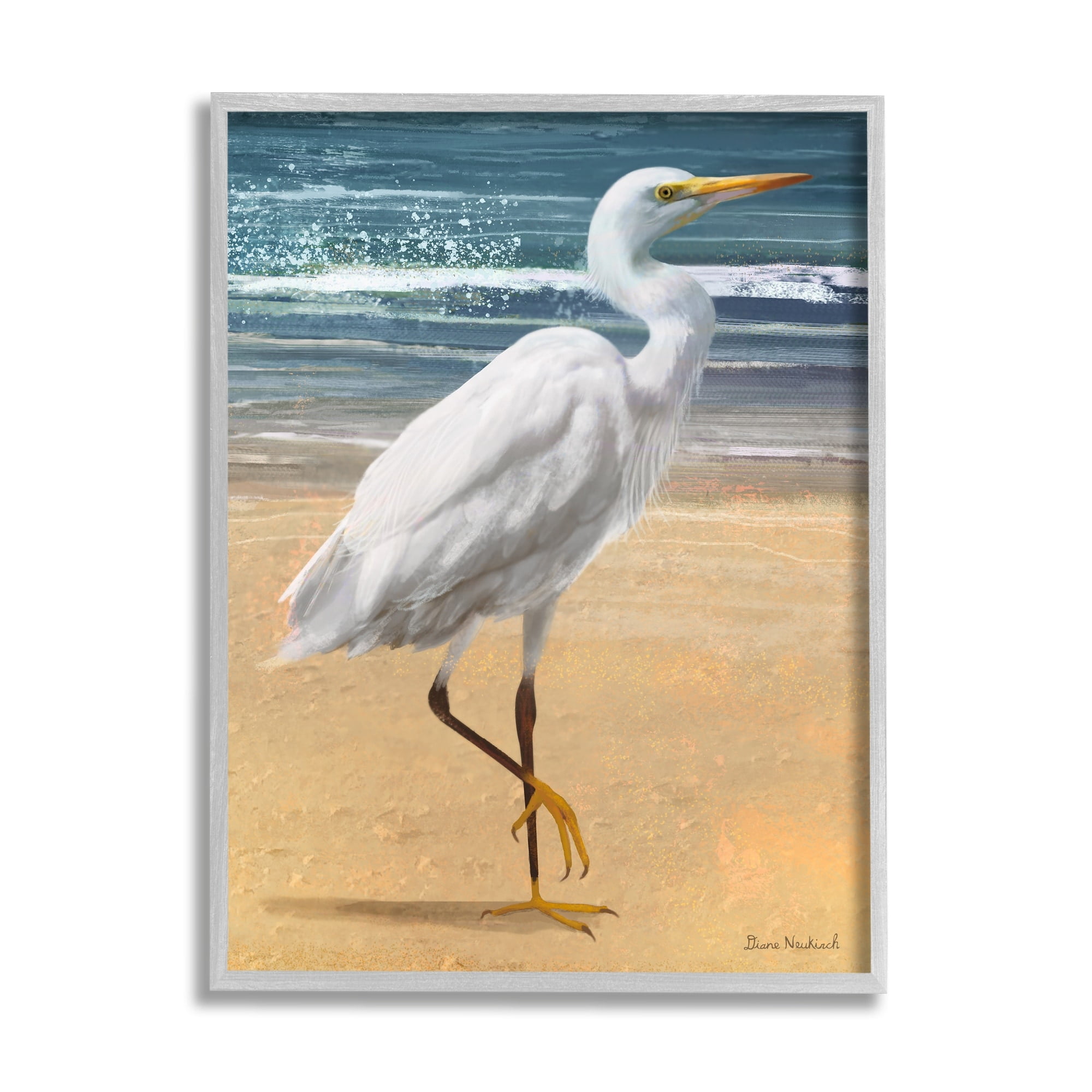 Stupell Industries White Heron Bird Standing Beach Shoreline Waves Painting Gray Framed Art Print Wall Art, Design by Diane Neukirch