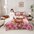 thumbnail image 4 of Feelyou Rustic Highland Bull Queen Comforter Set, Romantic Pink Rose Bedding Set, 3pcs, 4 of 8