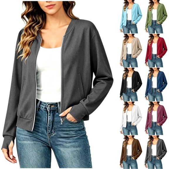 APEXFWDT Womens Zip Up Sweatshirts Jackets Long Sleeve Stand Collar Hoodless Outerwear Casual Coat Lightweight with Thumb Hole & Pockets,L,Army Green