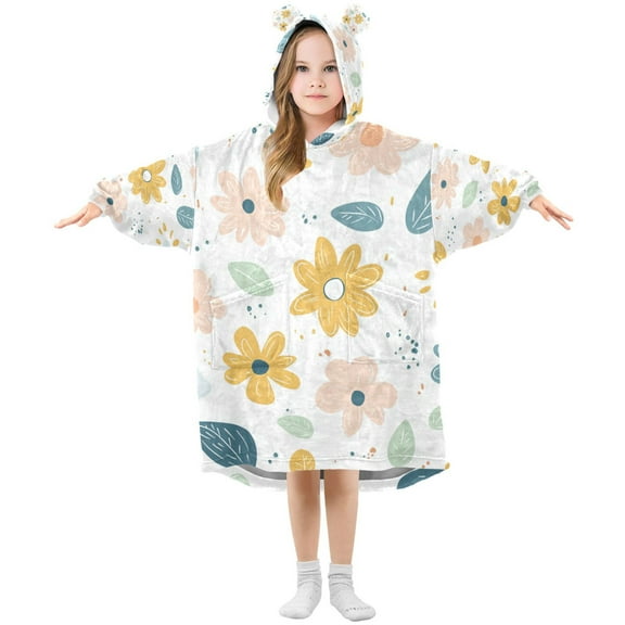 FORMRS Wearable Blanket Hoodie with Sleeves for Kids Cozy Flannel Sweatshirt, Cute Floral