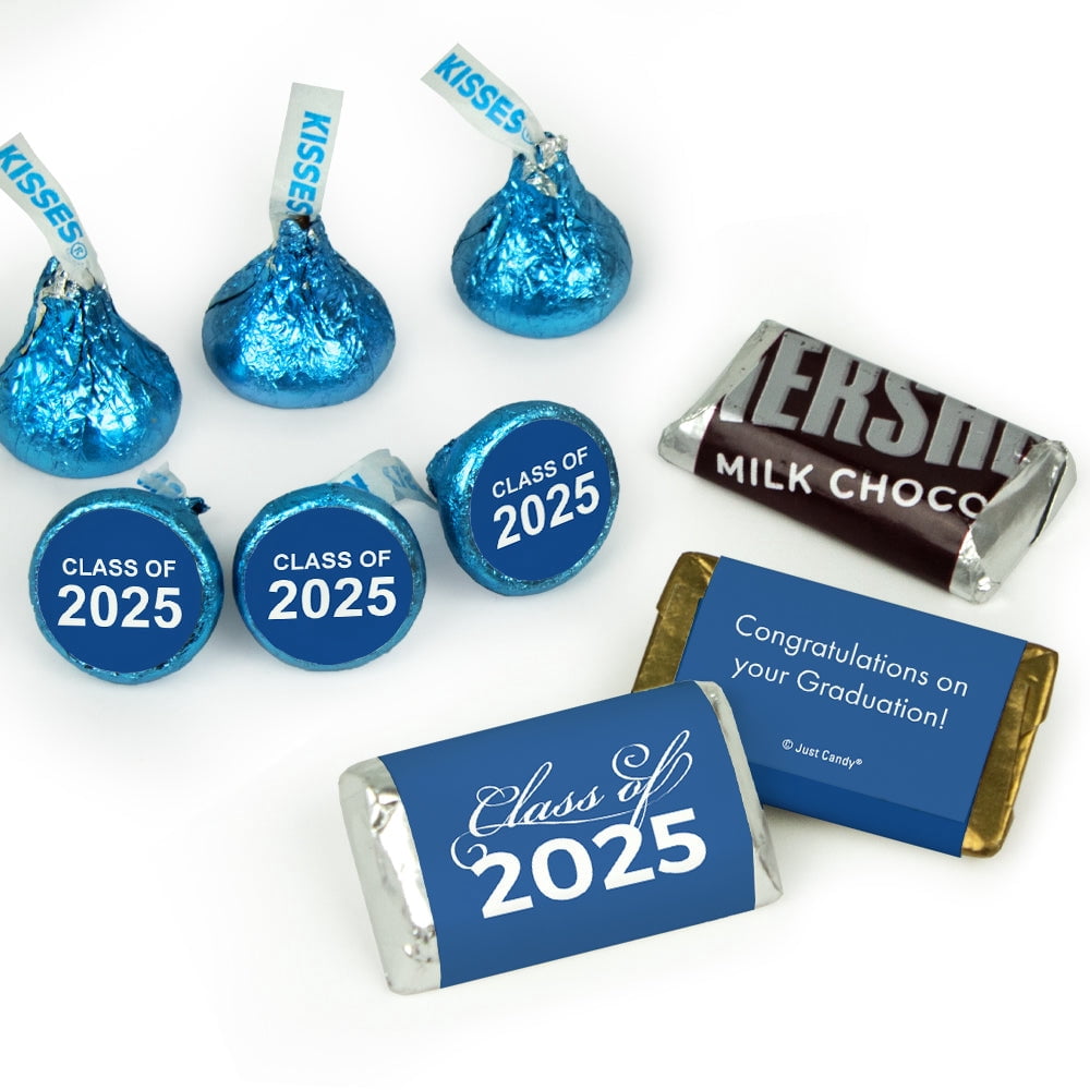 Graduation Candy Party Favors (Approx. 85 Pcs Milk Chocolate Hershey's Kisses & 34 Pcs Wrapped Miniatures) - Blue Class of 2025