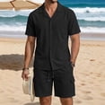 thumbnail image 2 of Eryao Big and Tall Gym Training Sets for Men Summer 2 Piece Beach Linen Outfits Button Down Short Sleeve Lapel Shirts Matching Drawstring Waist Shorts with Pockets,Black,M, 2 of 6