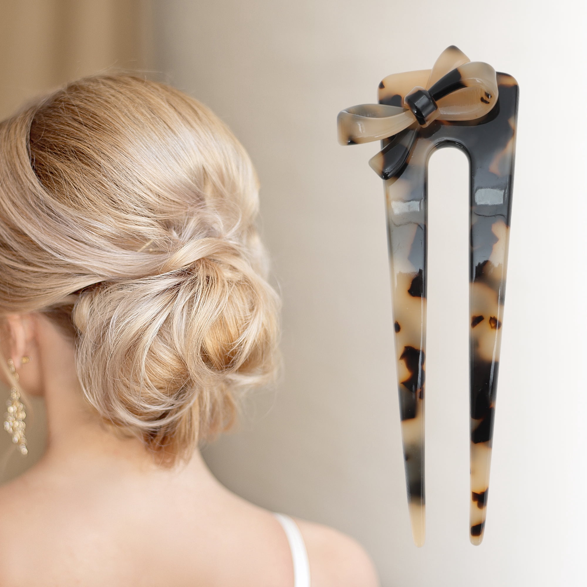 Unique Bargains Simple Comfortable No Slip Bow Chignon Pin for Women 1 Pc Beige, Black