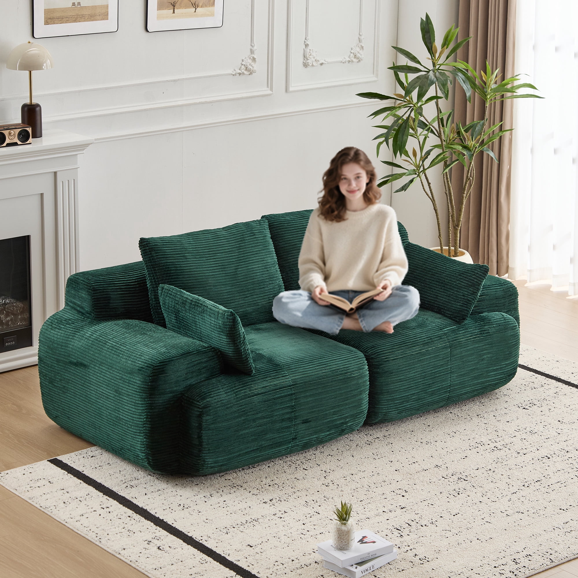 Miniyam 84" Corduroy Modular Sofa Couch with Cushions, Convertible Sectional Seating for Living Room, 1200 lbs Capacity, No Assembly, Green
