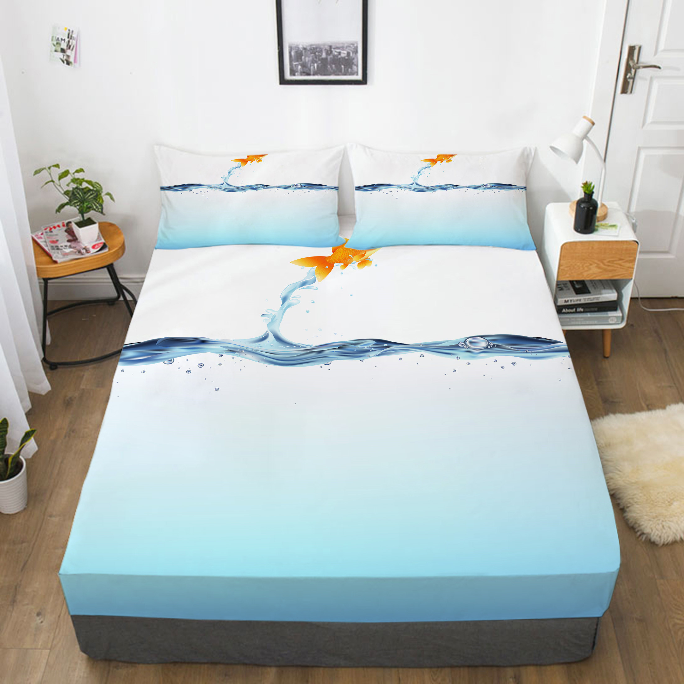 Blue Bedclothes Fish Printed Home Textiles High Quality Bedding Set