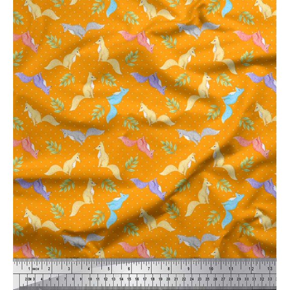 Soimoi Rayon Fabric Dot,Leaves & Fox Animal Print Sewing Fabric Yard 56 Inch Wide