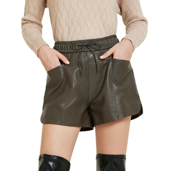 INSPIRE CHIC Women's PU Shorts High Waisted Elastic Waist  Faux Leather Pants with Pockets S Coffee