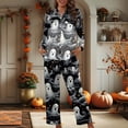 thumbnail image 4 of Womens Pajamas Halloween Ghost Print Long Sleeve Pants Set Cozy Women's Sleepwear,Black,L, 4 of 6