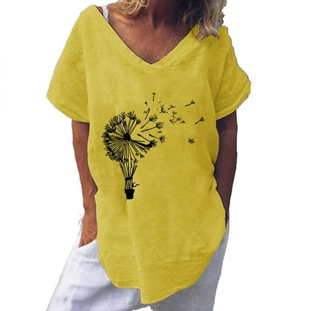 

Summer Blousees for Women 2023 Fashion Women s Print Short Sleeve Loose Round Neck T-shirt Top Blouse Oversized T Shirts for Women Yellow L