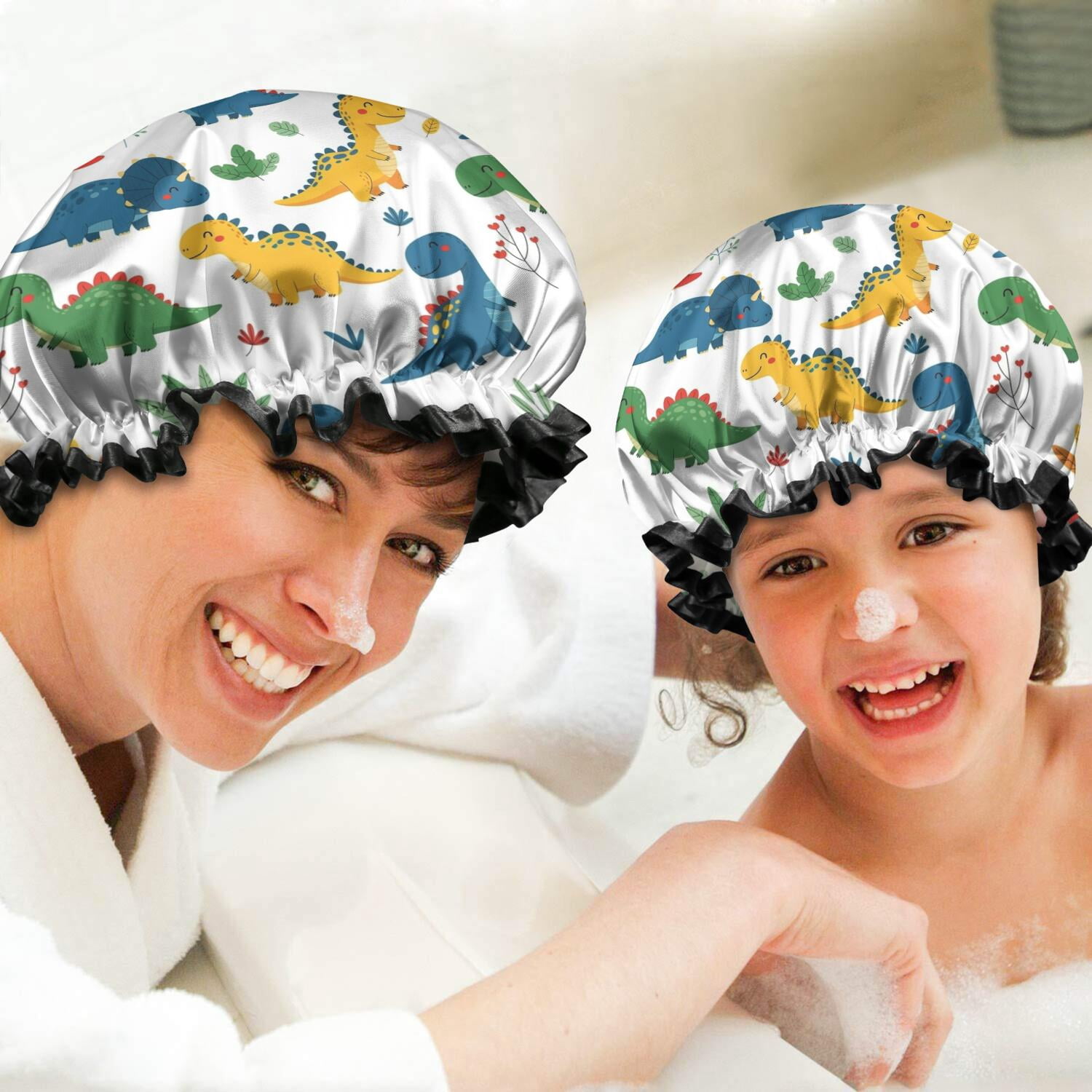 Shower Caps,Colorful Dinosaur and Leaf Pattern Waterproof Shower Cap for Women 4 Pieces,Double Reusable Hair Cover for Shower PEVA Elastic Stretch Hem