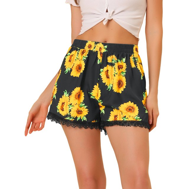 Pantalones Cortos de Playa Allegra K de Cintura Elástica con Estampado Floral de Encaje de Verano para Mujer Girasoles Negros L