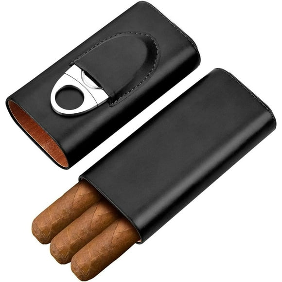 GHSDFBB 3-Finger Leather Humidors Handmade Cedar Wood Lined Cigar Case Humidor with Silver Stainless Cigar Cutter (Black)