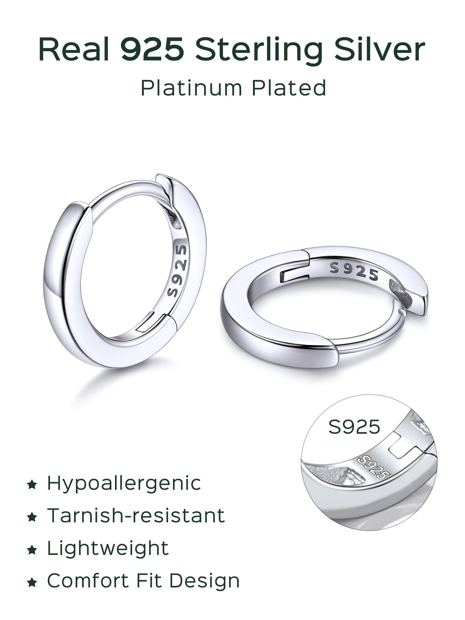 ChicSilver Hypoallergenic Small Huggie Hoop Earrings 8 MM 925 Sterling Silver Hoop Earrings for Women White Gold Plated Silver Tiny Cartilage Earring