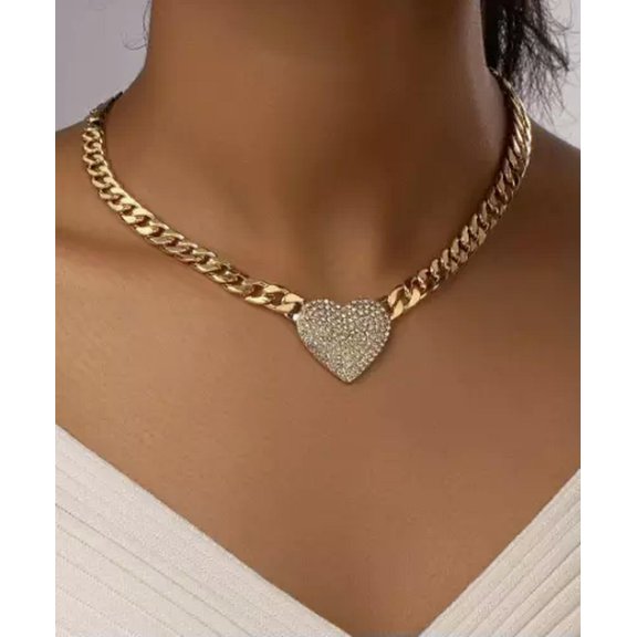 HOOUN Gold Tone Cuban Link Chain Clear Rhinestones Heart Love Shape Pendant Necklace