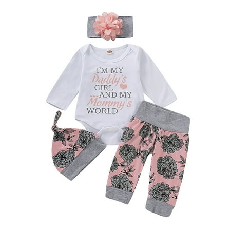 

NZRVAWS Newborn Baby Girls Outfits Long Sleeve Letter Print Romper Top+Floral Print Pants+Headband+Hat 4Pcs Outfits Set 6-9 Months White