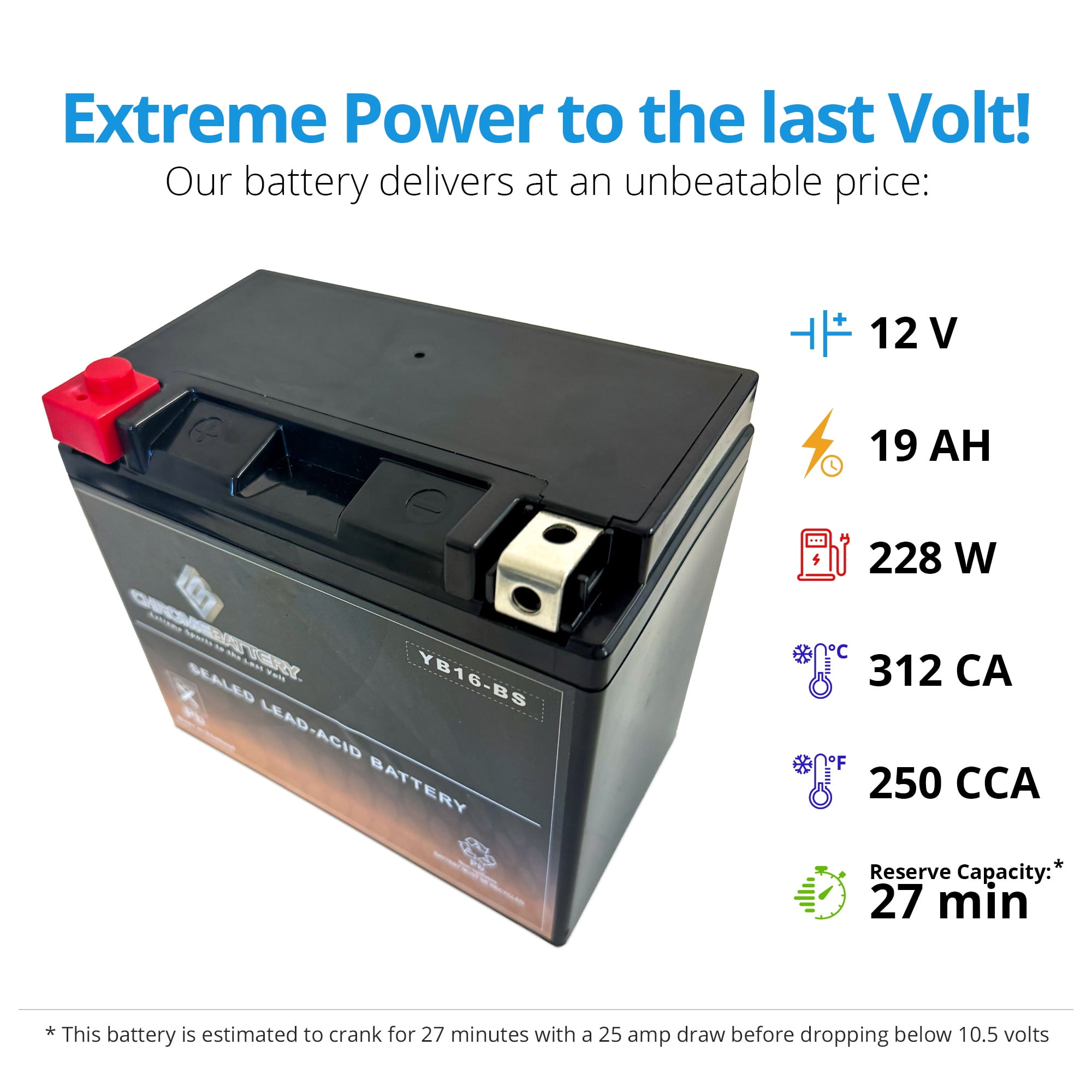 Chrome Battery Yb16-b (16-b 12 Volts,19 Ah, 250 Cca) Motorcycle Battery for Harley-davidson Fx/fxr Series Year (79-94)