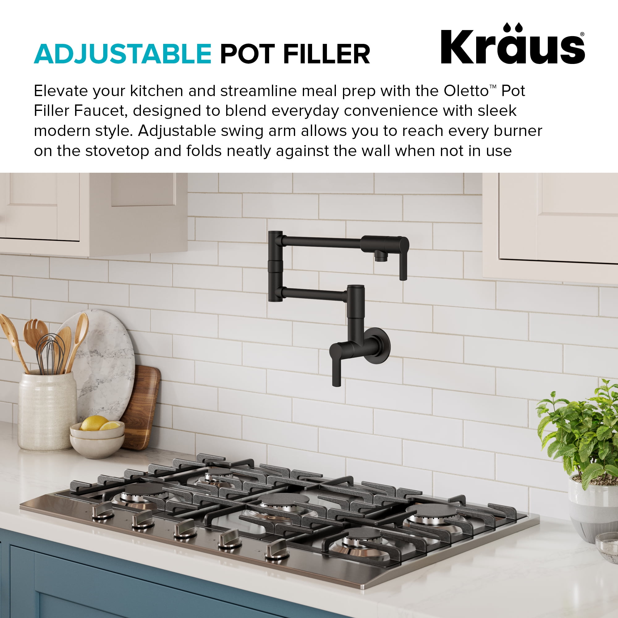 KRAUS® Oletto™ Wall Mount Pot Filler Kitchen Faucet with Retractable Arm in Matte Black