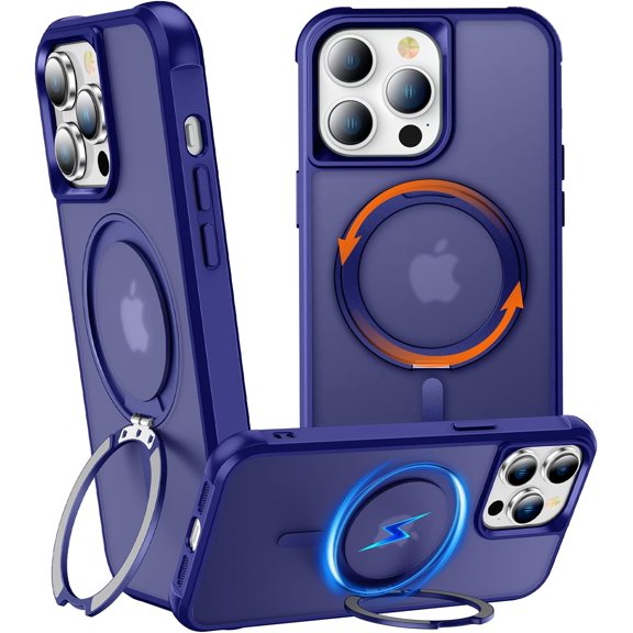 Rotatable Stand Compatible with iPhone 13 Pro Max Case with Magnetic [Military Grade Drop Tested][Adjustable Kickstand] Ring Translucent Slim Hard Back Soft Edge, Blue