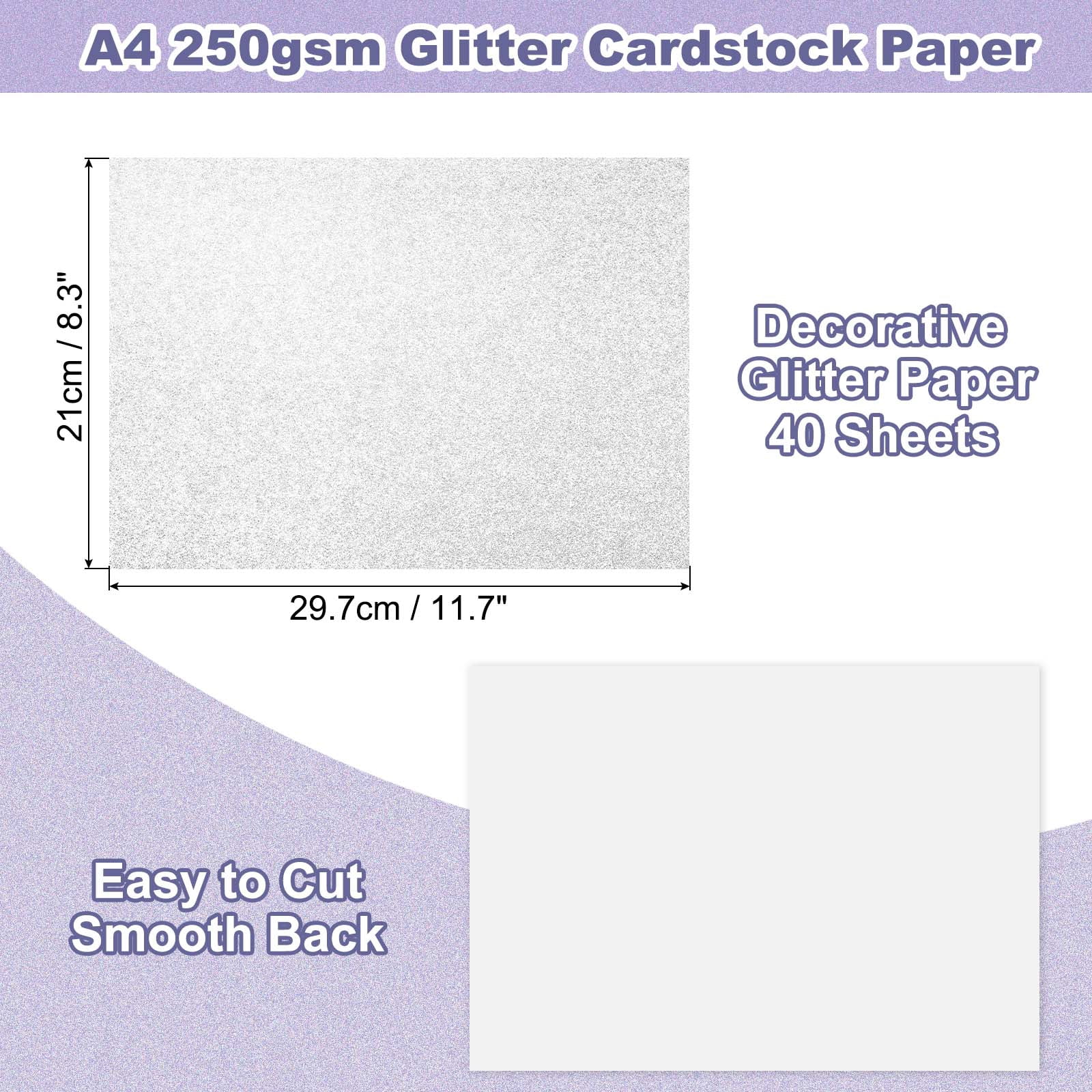 40Sheets Silver Glitter Cardstock, 8.3x11.7 in A4 Glitter Paper Card Stock Shiny Scrapbook 250gsm Sparkly Paper Large Shimmer for Crafts Scrapbook DIY Art Wedding Party