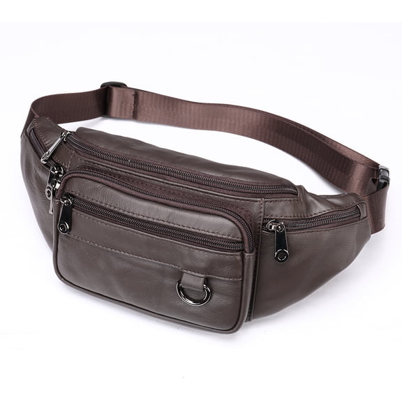 Men's Black Leather Fanny Pack Waist Bag with Multiple Zipper Pockets