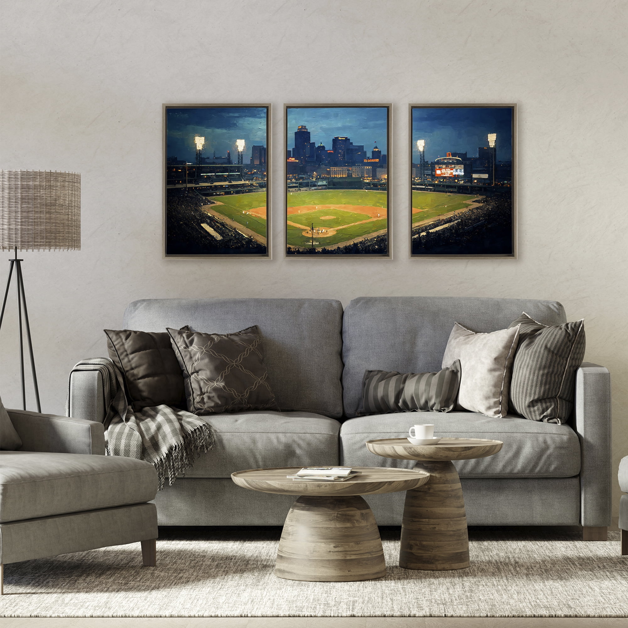 Stupell Industries Baseball Stadium Night View 3 Piece Brown Framed Floater Canvas Set, design by Arlington Prints
