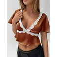 thumbnail image 2 of CIYCuIT Women's Lace Patchwork T-shirt Short Sleeve V-neck Ruffled Hem Pullovers Ladies Fashions Basic Summer Crop Tops for Streetwear Aesthetic Clothes, 2 of 5