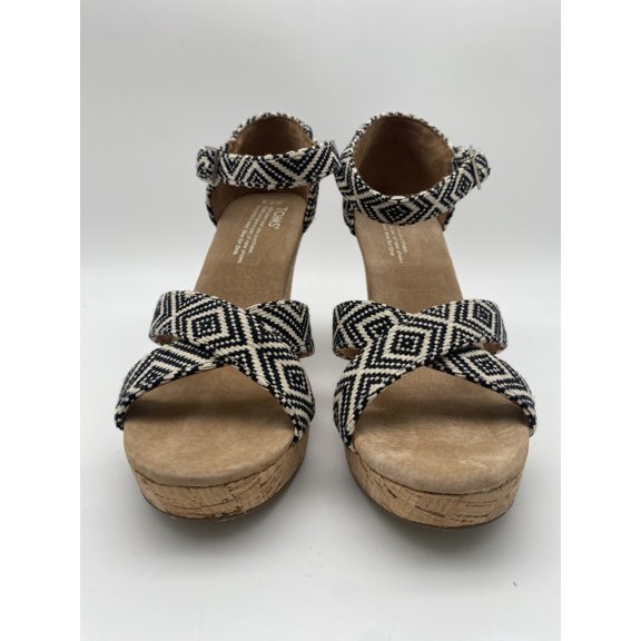 TOMS STRAPPY WEDGE BLACK WOVEN DIAMOND Sandal Women Size 7.5