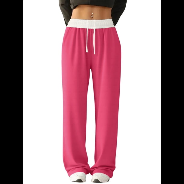 Pantalones Deportivos Anchos con Cintura de Contraste de Color y Hebilla de Cordón para Mujer. Rosa Roja S