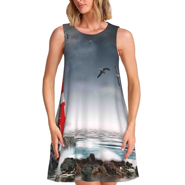 Disketp 3d Lighthouse in the Surf para Vestido sin Mangas para Mujeres, Vestidos de Verano para Mujeres, Casual y Holgado para la Playa