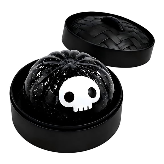 Halloween Dumpling Squishy Crystal Mud Slow Rising Fidget Toy with Glitter,Black Woven Steamer Display Box,Spooky Skull Pumpkin Face Sensory Toys for Holiday Party Favors