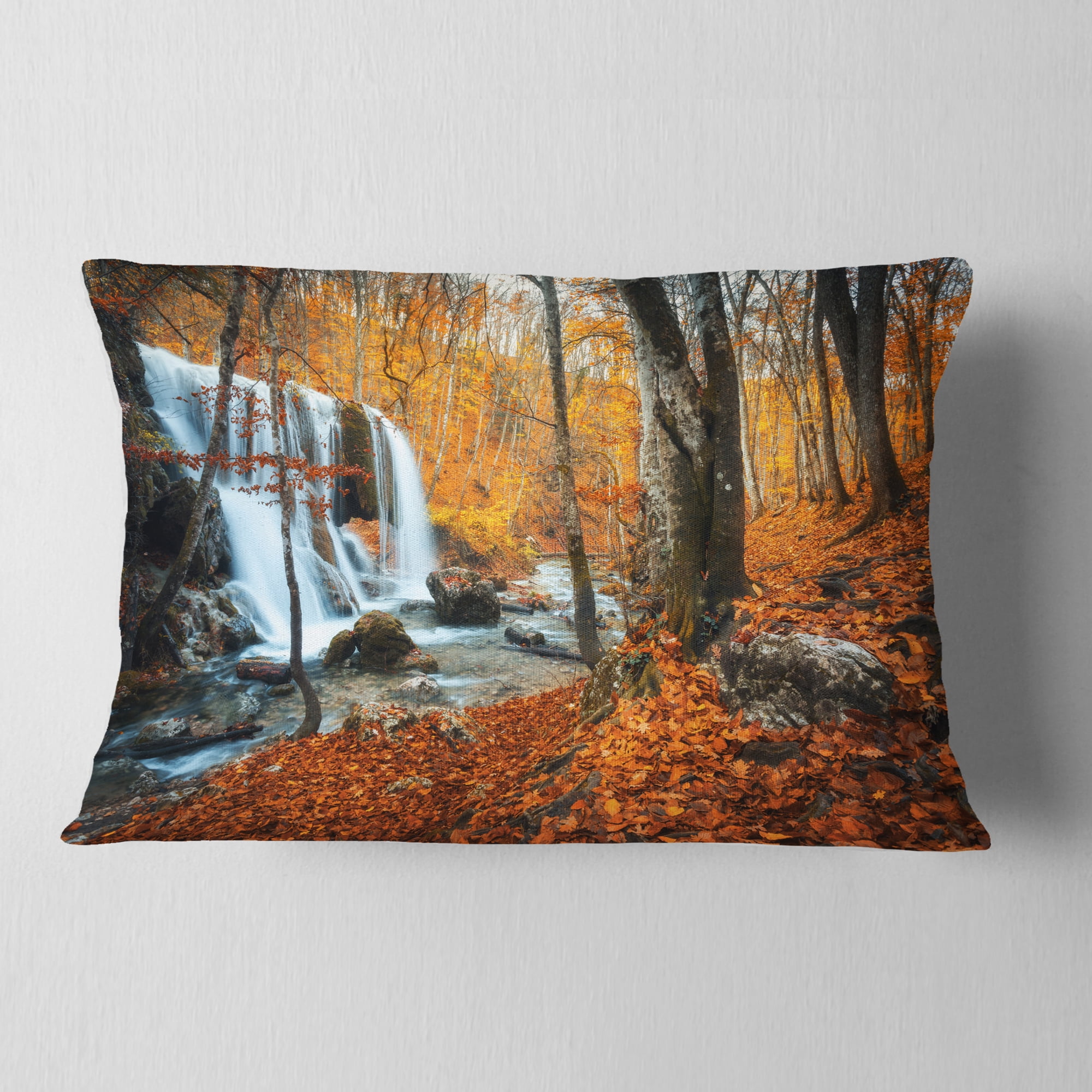 Designart Autumn Mountain Waterfall Close View - Landscape Photography Throw Pillow - 12x20