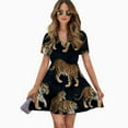 thumbnail image 2 of Dark Background Tiger Print Fabric Women Dress V-Neck Short Sleeve Flowy Swing Party Midi Dress, 2 of 4