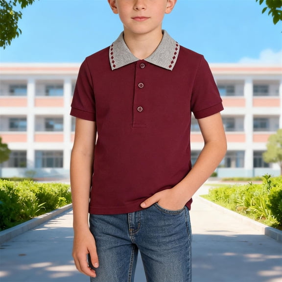 ITSAME Boys School Uniform Polo Shirt Short Sleeve Cotton Comfortable Summer Fashion Dress Shirt Red Size 12-13 Years