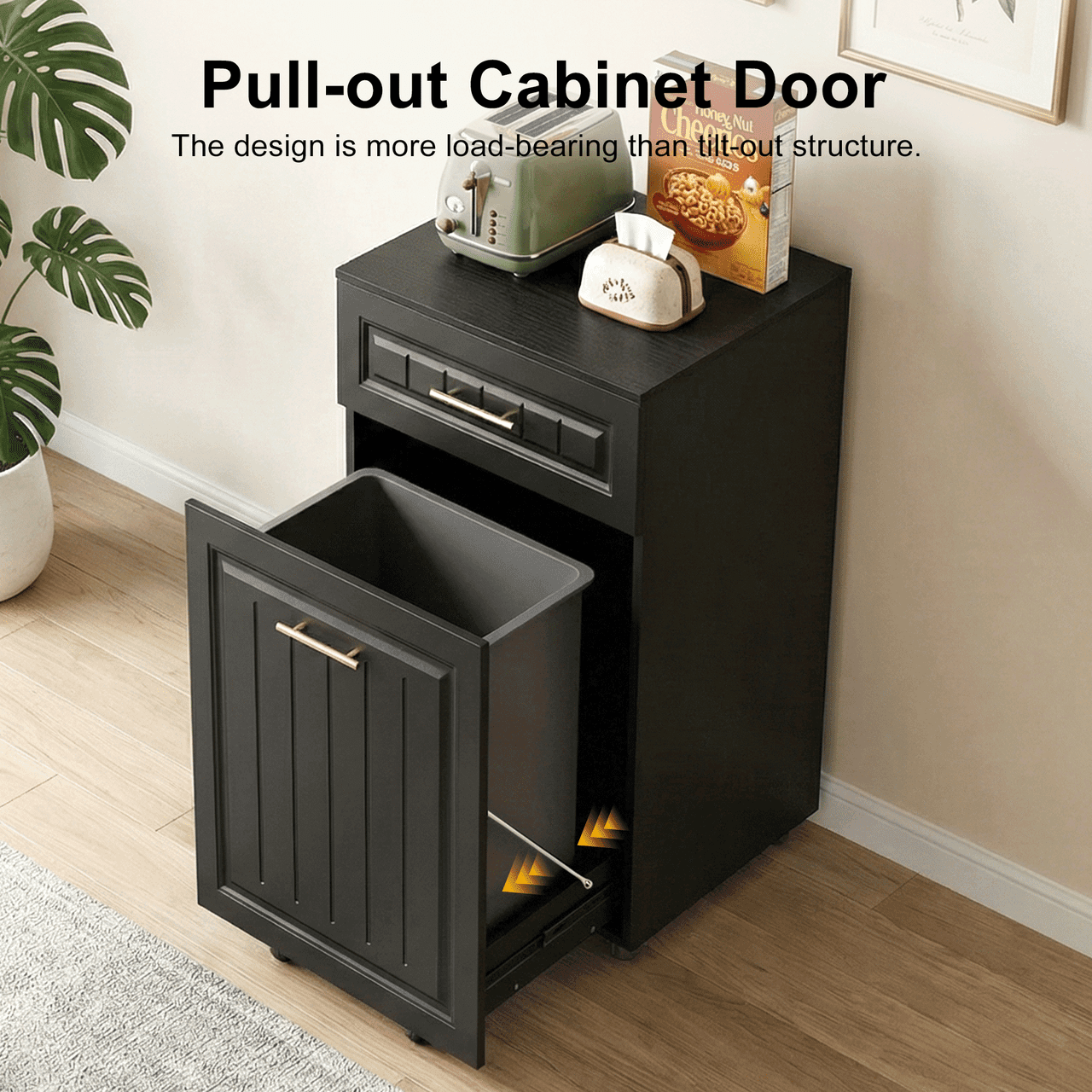 Pull Out Trash Can Cabinet for Double 7 Gallon or 13 Gallon Bin, Freestanding Kitchen Trash Bin Cabinet with Drawer, Pet Proof Hidden Garbage & Recycling Storage for Laundry & Living Room, Black