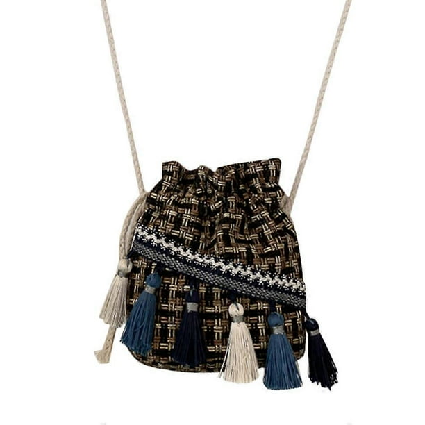 Tassel Straw Crossbody Bag Casual Use Handbag For Girls Black Bucket Design 1Set