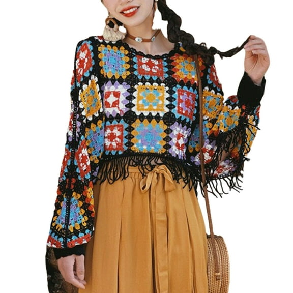 Womens Hollow Out Crochet Knit Cover Up Pullover Crop Top Tassels Loose Long Sleeve Sweater Blouse