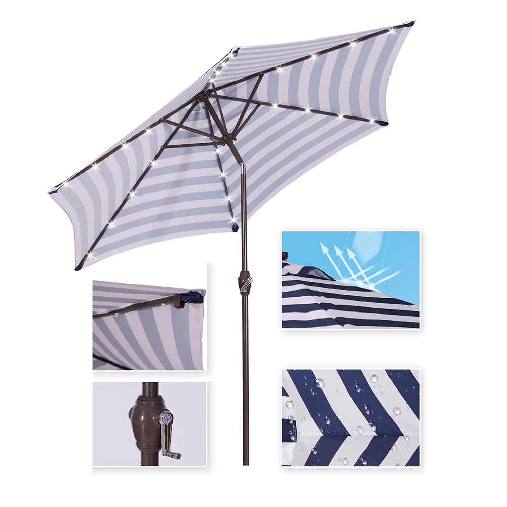 Private Jungle Outdoor Patio 8.7-Feet Market Table Umbrella with Push Button Tilt and Crank,Blue White Stripes With 24 LED Lights[Umbrella Base is not Included]