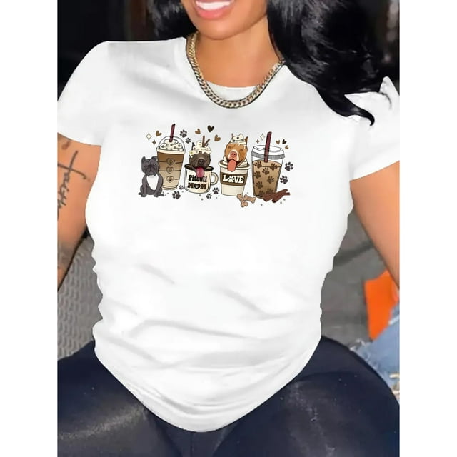 Camiseta estampada con cachorro y té de leche para mujer. Camiseta informal de manga corta con cuello redondo, algodón elástico, lavable a máquina. Ideal para verano y deportes de ocio.