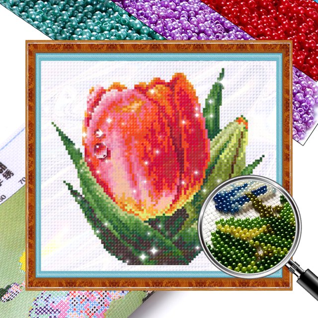 Kit Punto Cruz Flores Impresas Con Cuentas Bordado Parcial Arte para El 28x25cm
