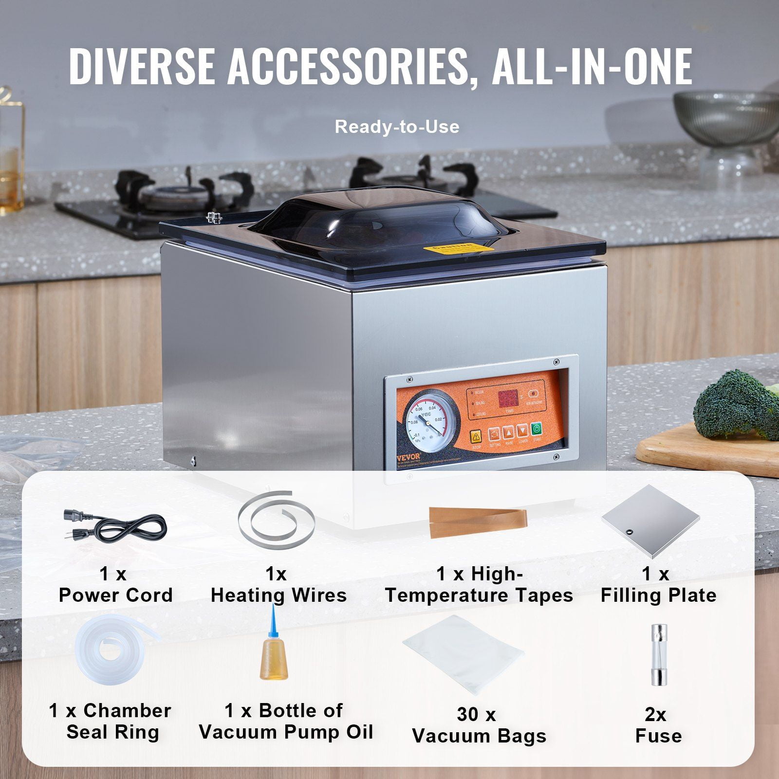 Chamber Vacuum Sealer, 260W Sealing Power, Vacuum Packing Machine for Wet Foods, Meats, Marinades and More, Compact Size with 10.2" Sealing Length, Applied in Home Kitchen and Commercial Use