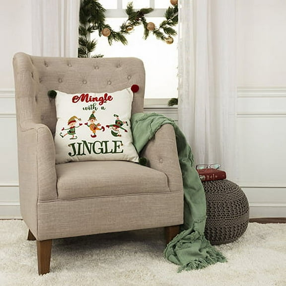 Rizzy Home Holiday Ivory/Multicolor Sentiment - "Mingle With A Jingle" Cotton 20"x20" Poly Filled Decorative Throw Pillow