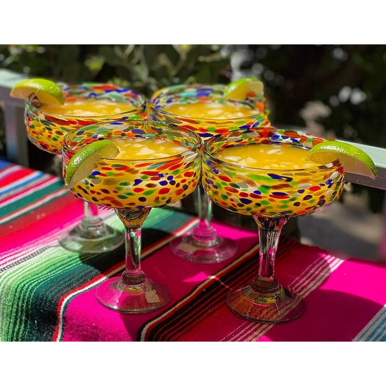 Mexican Hand Blown Glass – Set of 4 Hand Blown Margarita Glasses Confetti  Rock (16 oz)