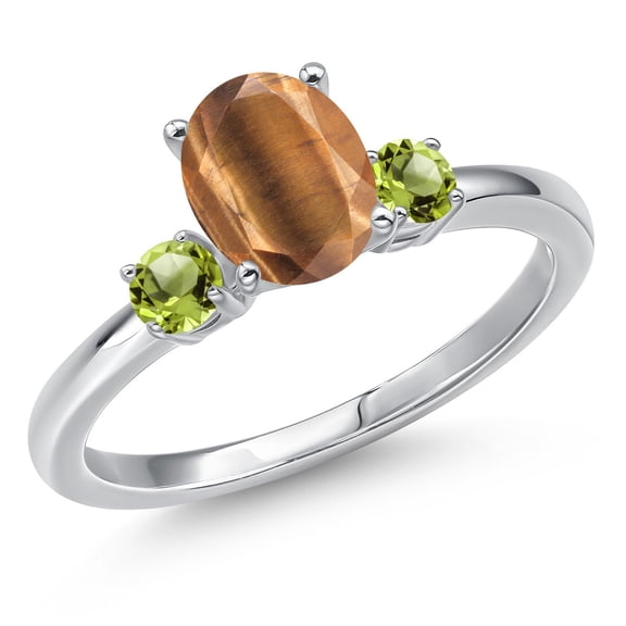 Gem Stone King 14K White Gold Brown Tiger Eye and Green Peridot Engagement Ring for Women | 1.49 Cttw | Oval 8X6MM | Gemstone Birthstone | Size 5