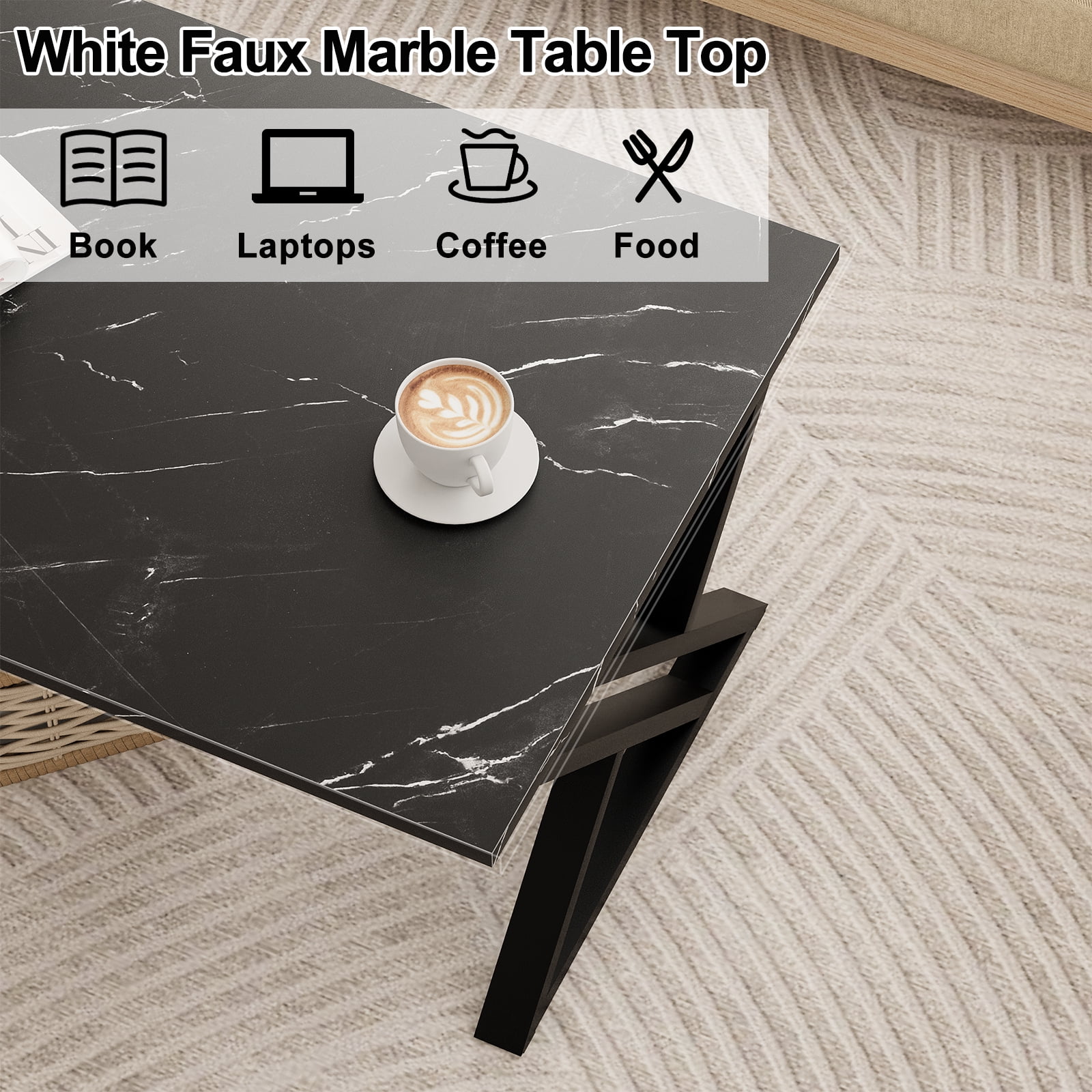 Coffee Table Living Room Table Black Center Table, Simple Modern Faux Marble Rectangular Tea Table with Sturdy Black-Finished Metal Frame