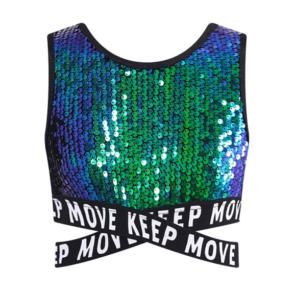 dPois Kids Girls Sparkle Sequin Hip Hop Dance Top Vest Crisscross Back Sleeveless Metallic Jazz Tank Green 6