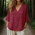 thumbnail image 2 of MaFYtyTPR Women's 3/4 Sleeve Cotton-Linen Blouse Fashionable Solid Color Loose V-Neck Shirt Three-Quarter Sleeve Tops for Women A-Wine M, 2 of 6