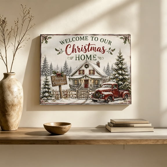 Merry Christmas Canvas Wall Art, Welcome to Our Christmas Home Farmhouse Truck Tree Wall Art Prints Artwork Framed Canvas Ready to Hang Art Pictures for Large Dining Living Room Hallway 36" x 24"